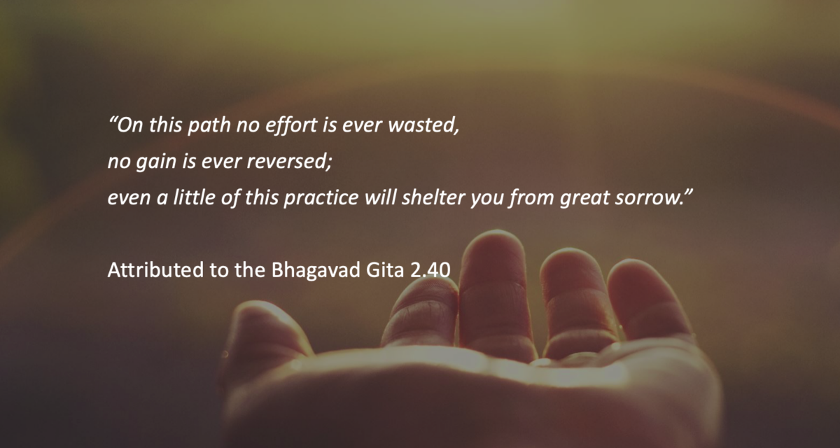 quote from the Bhagavad Gita. "On this path no effort is ever wasted, no gain is ever reversed; even a little of this practice will shelter you from great sorrow."